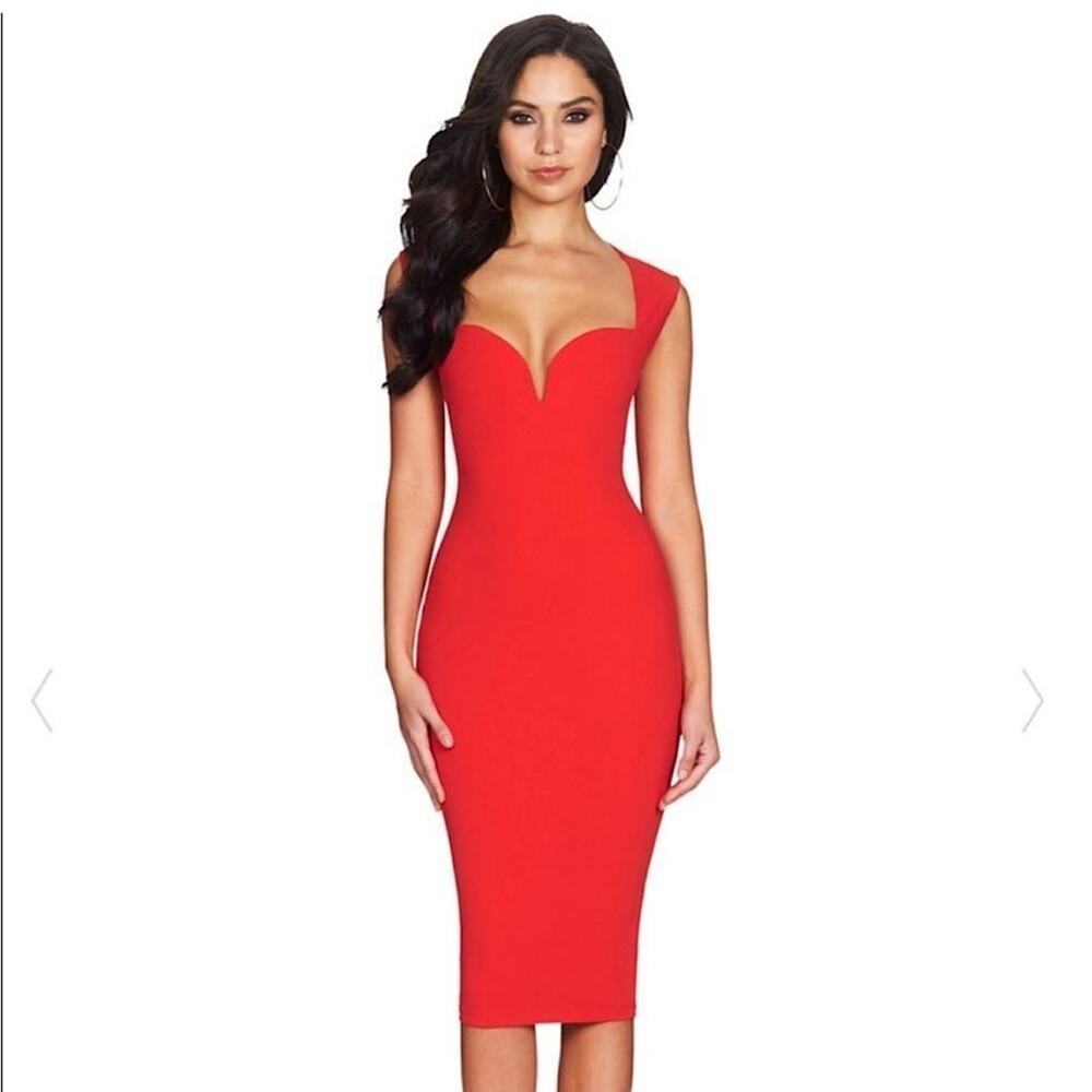 Nookie NEW Red Sweetheart Plunge Neck Bodycon Madonna Midi Dress In Cherry XS